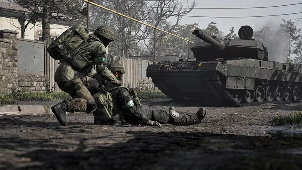 WARDOGS infantry and an armoured vehicle fighting near an objective